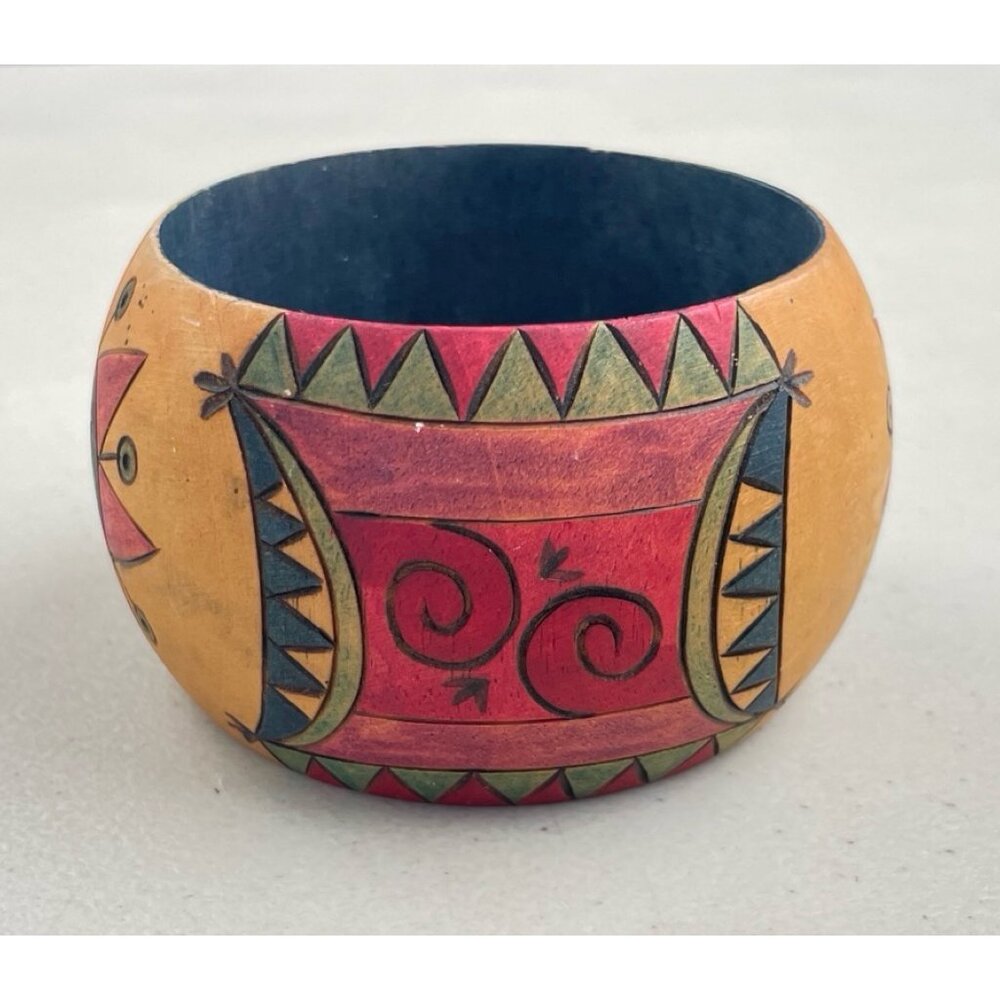 Vintage Painted Wood Bangle Bracelet Southwest Sun Pattern Etched 2 inch wide